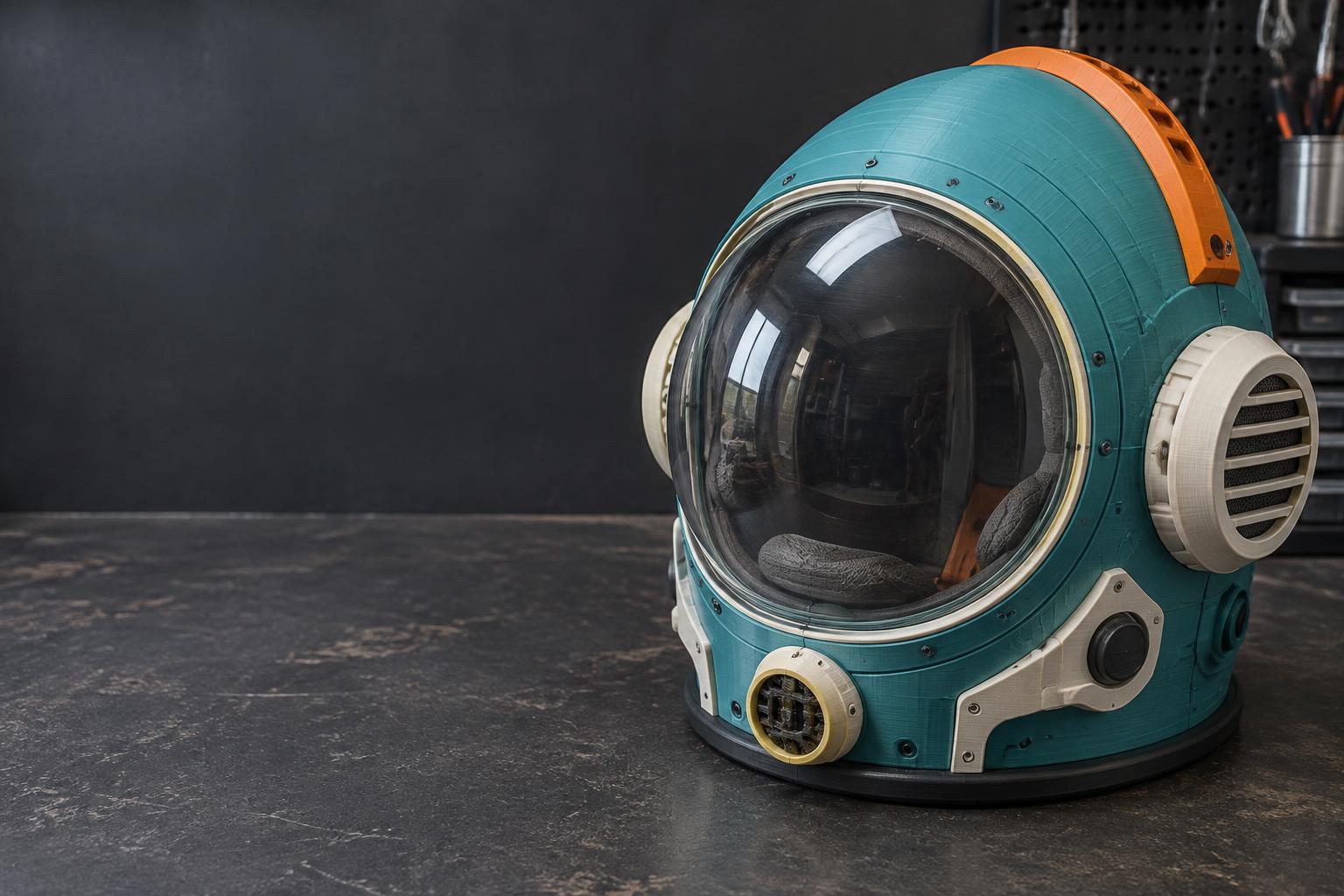 Eigener generischer Sci-Fi-Kostümhelm in Petrol mit ovalem Visier, KI-generiertes Beispielmotiv