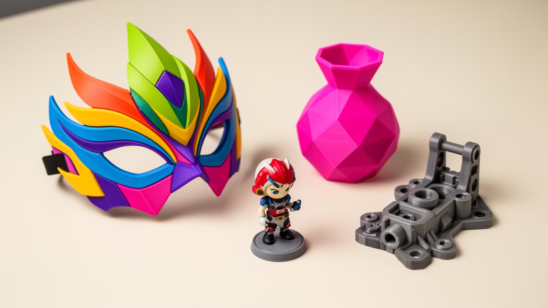 Bunte 3D-gedruckte Objekte: Cosplay-Maske, Miniaturfigur, Vase und Mechanikteil