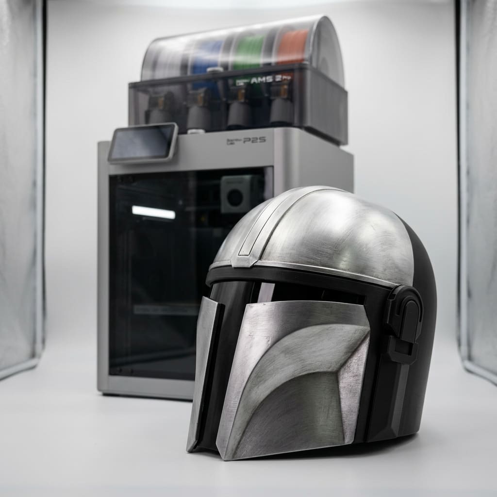 3D-gedruckter Mandalorianer-Helm vor Bambu Lab P2S