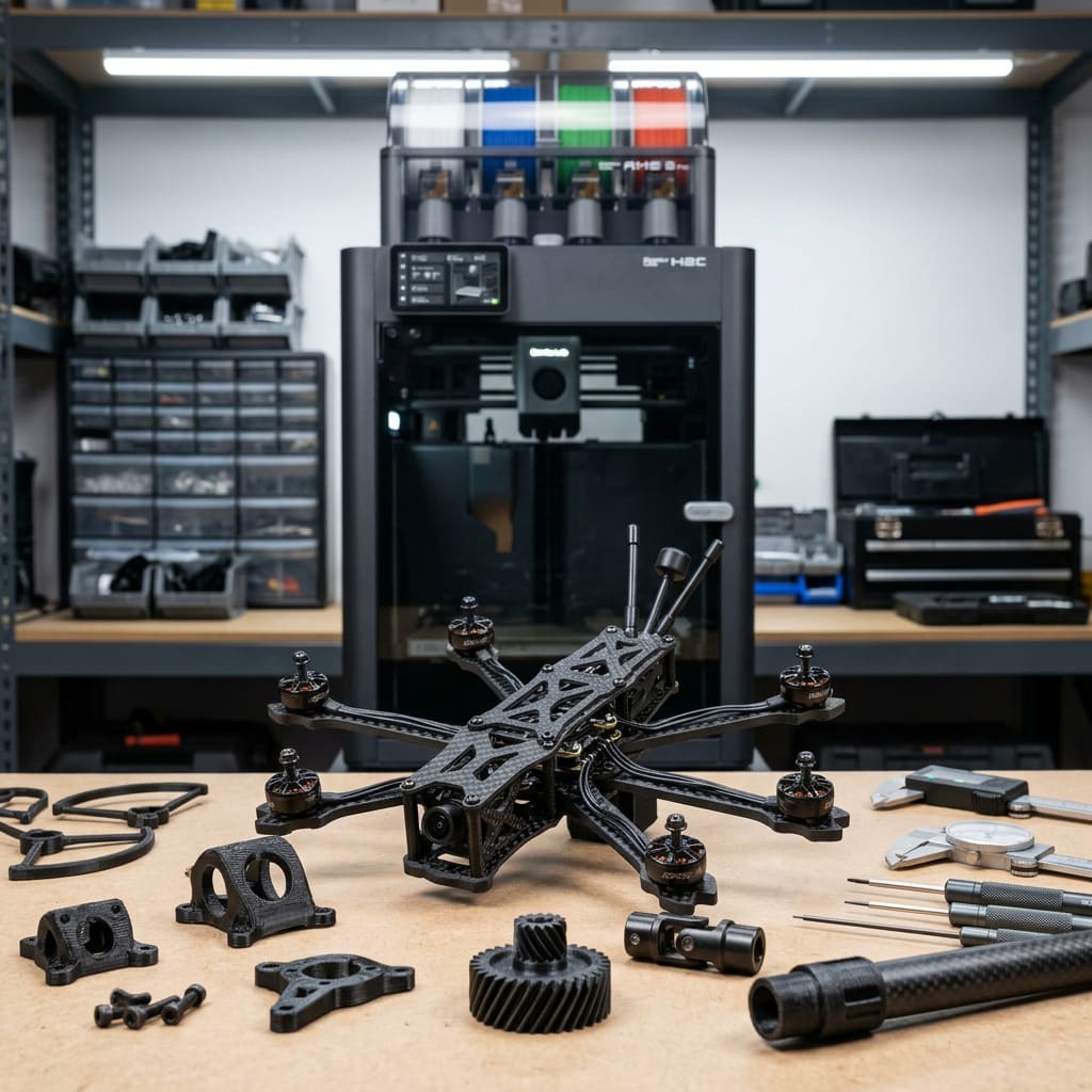 Carbon-verstärkter 3D-gedruckter Drohnenrahmen vor Bambu Lab H2C