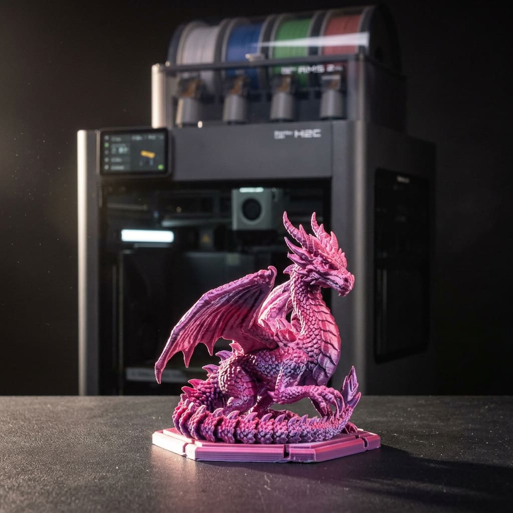 Detaillierte 3D-gedruckte Drachenfigur in Pink und Lila vor Bambu Lab H2C