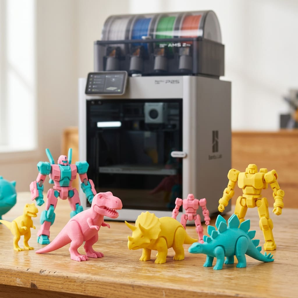 Bunte 3D-gedruckte Dinosaurier und Actionfiguren vor Bambu Lab P2S