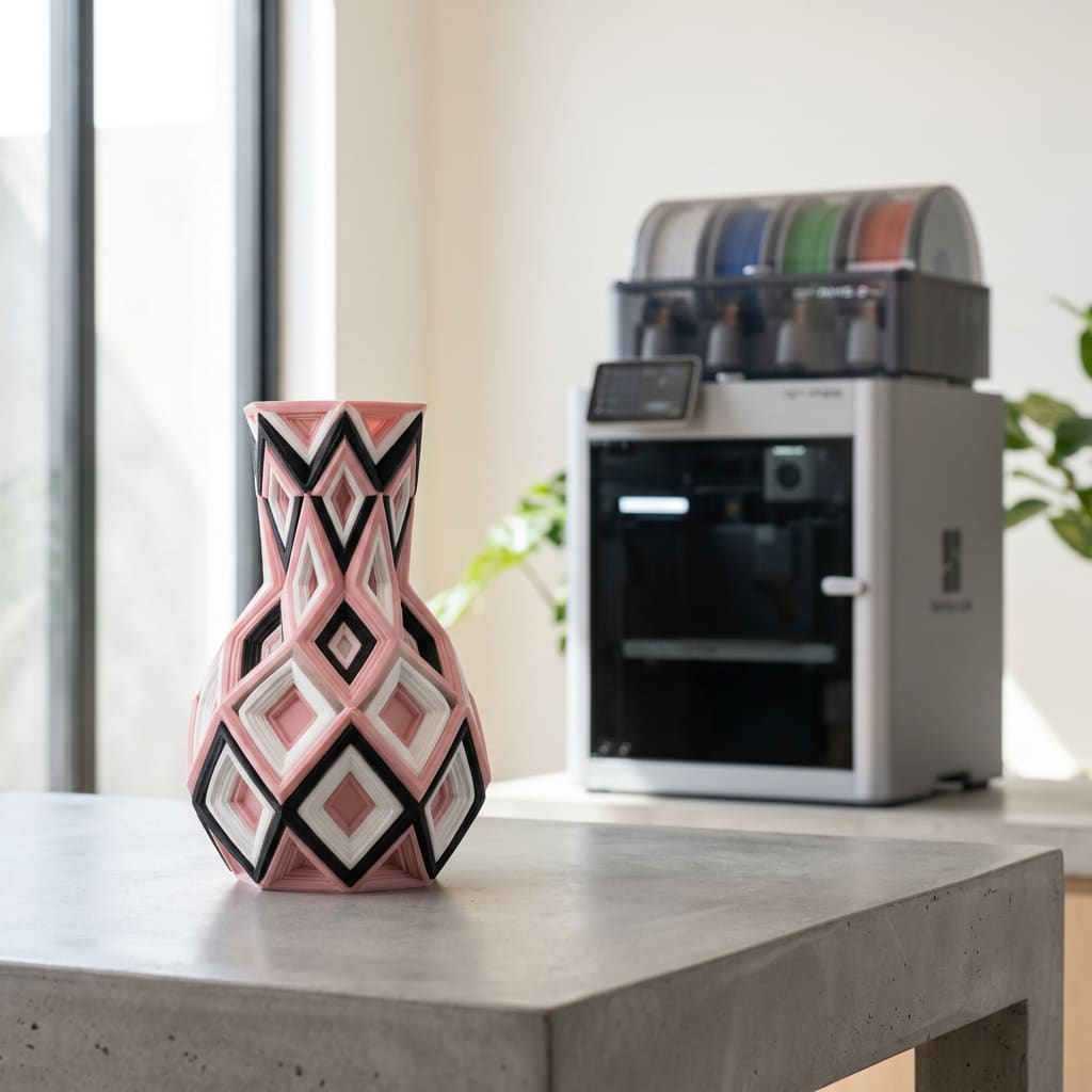 Geometrisch gemusterte 3D-gedruckte Vase neben Bambu Lab P2S