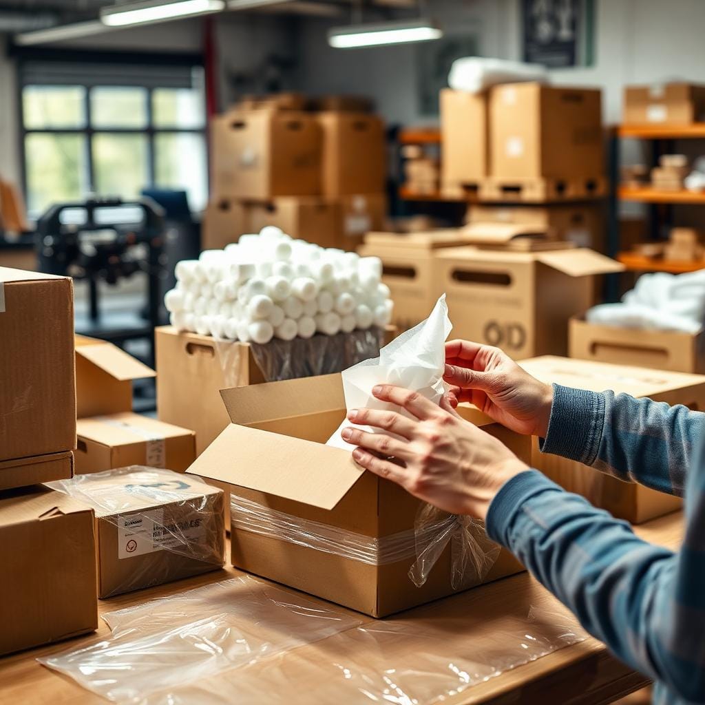 Verpackungsstation – jedes Paket sorgfältig gepolstert.
