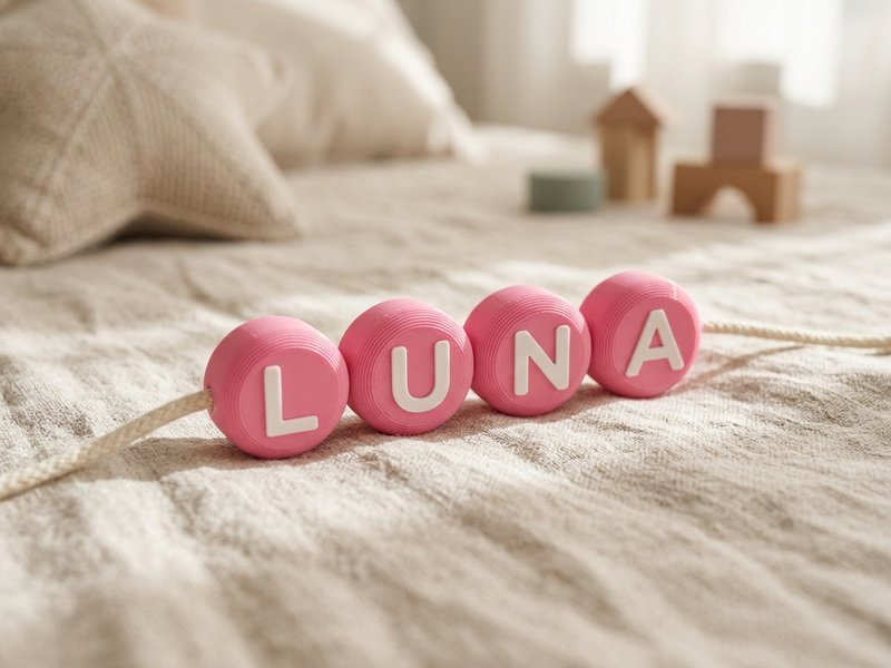 Vier runde XXL-Buchstabenperlen mit den Zeichen LUNA in Pink und Weiß