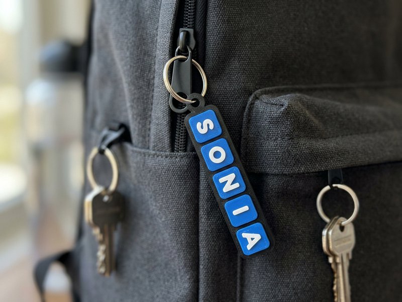 Tasten-Anhänger SONIA mit schwarzem Rahmen, blauen Tasten und weißen Zeichen