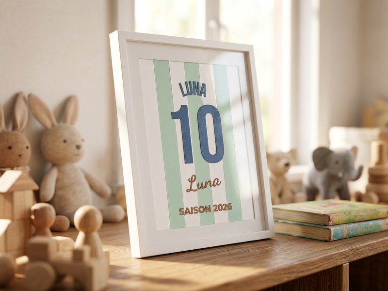 Flaches Trikot-Inlay für einen Bilderrahmen mit graugrünen und weißen Längsstreifen, Name LUNA im Bogen, Nummer 10 und Unterschrift